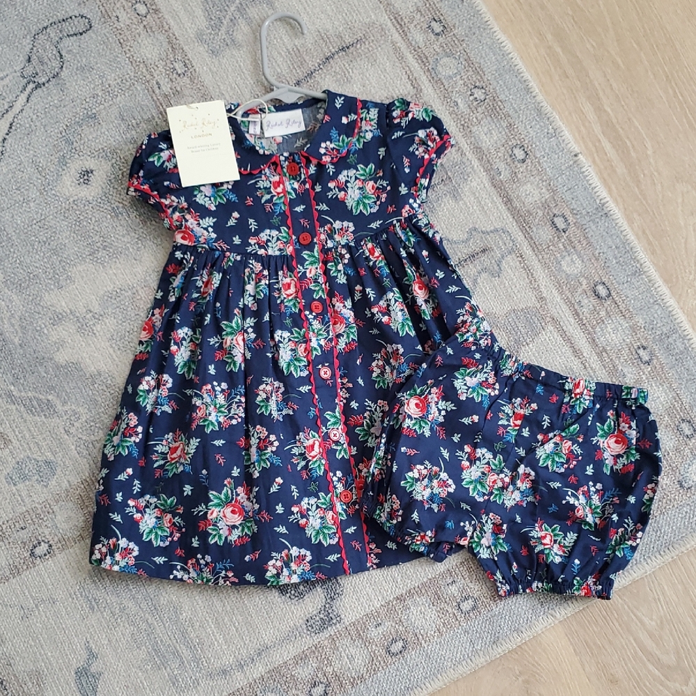 NWT Rachel Riley Floral Button Dress  and Bloomers Navy Red Sz12m